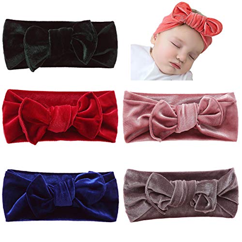 5PCS Velvet Headband for Baby,Toddler Girls Bows Turban Head Wrap Hair Bands Photography Props Hairband (Black+Red+Royal Blue+Pink+Gray)