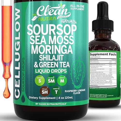 Image of CelluGlow Soursop Bitters Liquid Drops Green Tea Extract Sea Moss Moringa Shilajit Vitamin C D3 Garlic Turmeric Ginger Reishi Mushroom Grape Seed Lycopene Immune Support Supplement by Clean Nutra 4oz