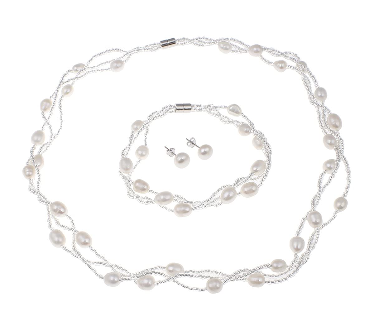 Treasurebay Perlen-Schmuck Set, Halskette, Armband, Ohrringe, Süßwasserperlen, in schöner Schmuck Geschenk-Box, Weiß