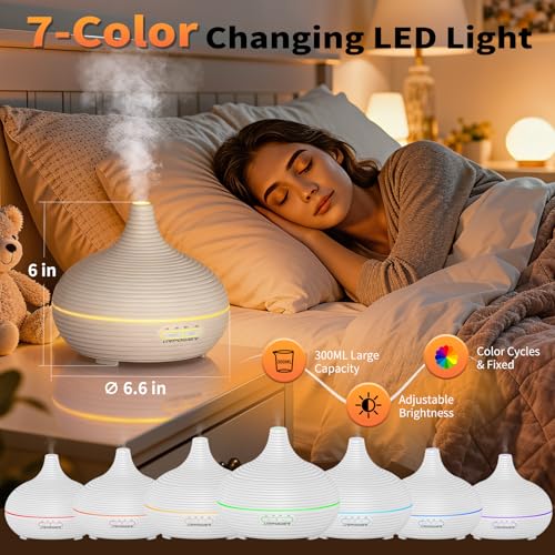 URPOWER 300ml Sleep Diffuser for Bedroom, All-Night Essential Oil Diffuser, Quiet Ultrasonic Cool Mist, Auto-Off & Timer, 7 LED Color Diffusers Humidifier for Home Office & Large Rooms - Image 4