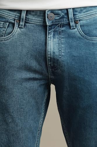Image of Peter England Men's Slim Tapered Jeans | Heavy Wash Denim | Casual Wear | Modern Fit