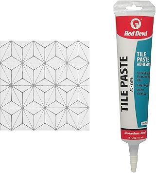 FloorPops FP2481 Kikko Peel Stick Floor Tiles, White & Off-White & Red Devil 0497 Tile Paste Adhesive, 1 Pack, White