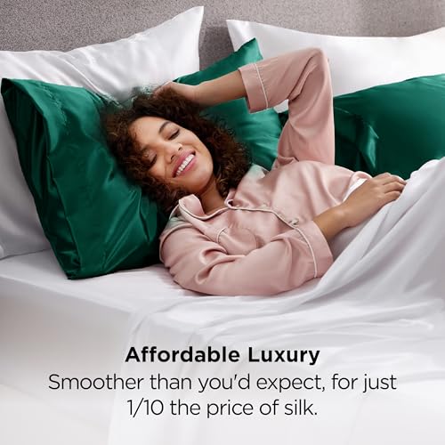 Image of Bedsure Satin Pillowcases, Similar to Silk Pillow Cases Queen Size Set of 2, Pillow Case for Sleeping Women with Envelope Closure, Gifts for Women Men, Dark Green, 20x30 Inches, 2pcs