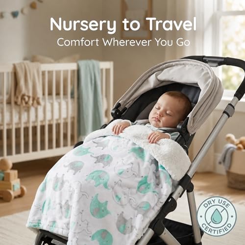 Image of EVERYDAY KIDS Large Ultra Soft Gray and Green Elephant Minky Baby Blanket for Boys and Girls Mink and Sherpa Toddler and Baby Blanket Measures 30 x 40 inch; Trendy Animal Elephant Baby Nursery Decor
