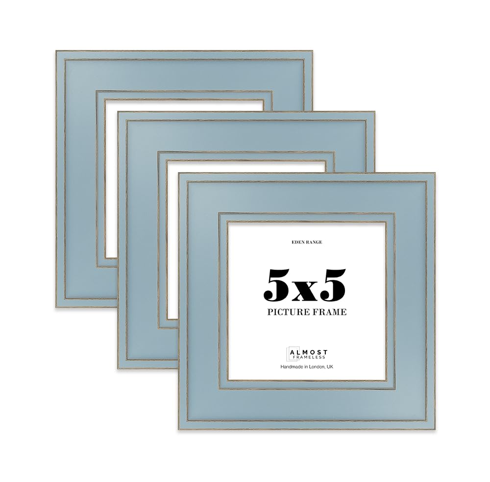 5x5 Cornflower Blue Picture Frame - Shabby Chic Photo Frame with Distressed Finish, Gold Trim, Wall Hooks and Kickstand, 37mm Edge - 3 Pack