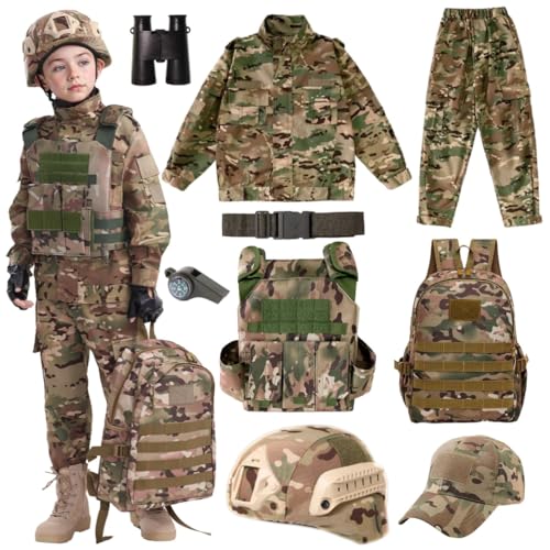Kit de equipo militar táctico infantil para juegos de rol, uniforme de camuflaje de soldado que incluye chaleco, mochila, casco y binoculares (bandera del desierto, 140 tamaños)