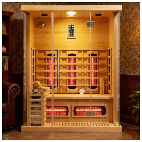 amocane Infrared & Steam Hybrid Sauna Room, 2-3 Person Canadian Hemlock Wood Sauna, Indoor Traditional Home Saunas Spa with 8 Heaters & 4.5KW Sauna Stove, Oxygen Bar (70.87"x47.28"x74.86")