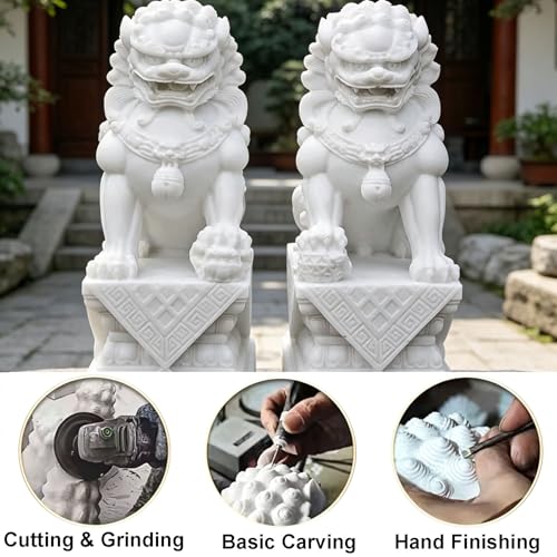 Pareja de Estatuas de Perros Foo de Mármol Blanco Feng Shui miniatura 5