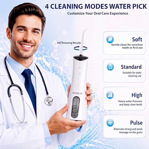 Image of KAMEX Cordless Water Flosser for Teeth Cleaning: Portable Oral Irrigator with 300ML Tank, 5 Jet Tips, 4 Modes, 40-120 PSI, IPX7 Waterproof, Rechargeable Dental Water Pick for Braces & Sensitive Gums