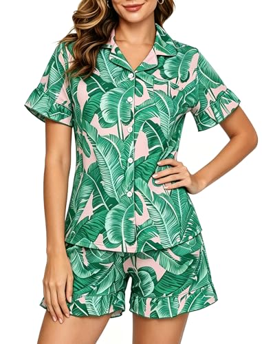Image of SWOMOG Woman Pajama Set Short Sleeve Pjs Set 2Pcs Short Pajamas Button Down Ruffle Hem Sleepwear Soft Modal Loungewear