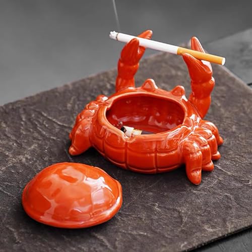 Ashtray with Lid Windproof Tabletop Ceramic Cigarette Ash Tray for Outside or Inside Crab Decor