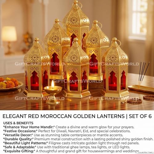Image of Moroccan Lanterns & Candle Holders for Home Decor - Unique Diwali & Christmas Gifts (Red, Set of 6)