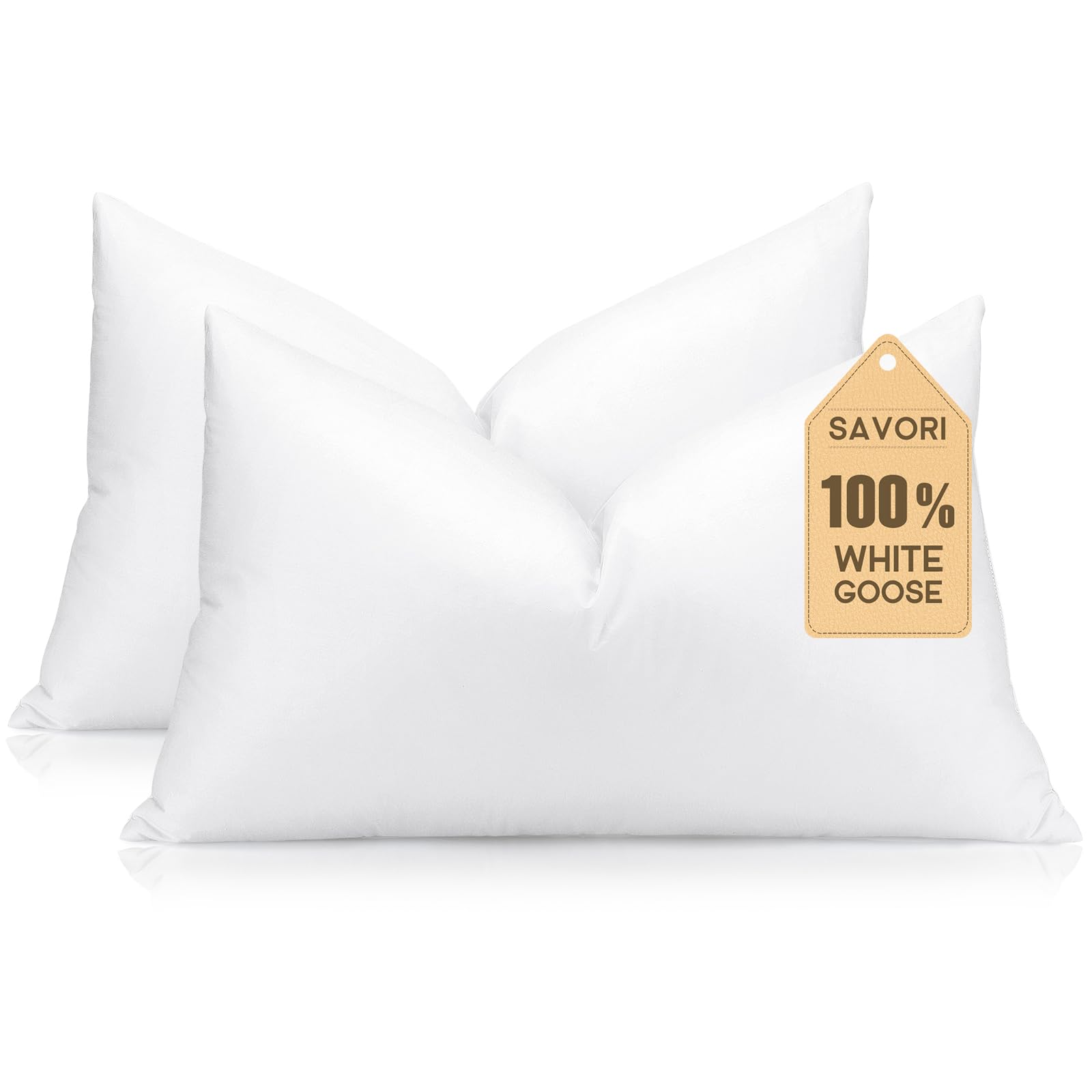 SAVORI Set of 2 Down and Feather Throw Pillow Inserts 12x20 Soft Fluffy Pillow Inserts with 100% Down-Proof Cotton Cover, Decorative Square Cushion