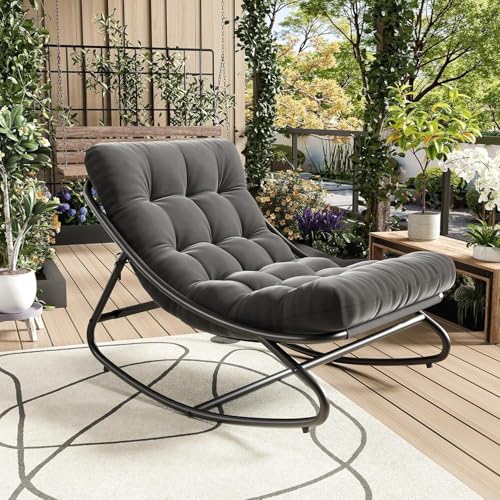 Outdoor Papasan Rocking Chair, Oversized Metal Frame Egg Rocker with Thick Waterproof Cushion, 450 lbs, Comfy Lounge for Patio, Porch, Garden, Living