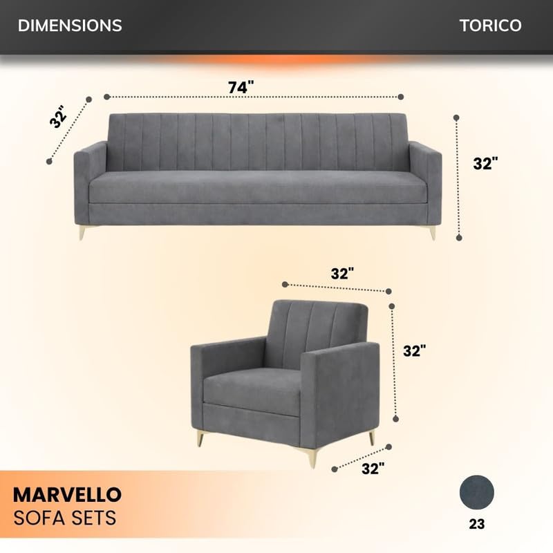 Image of Marvello 3+1+1 Fabric Sofa Set for Living Room | Soft Velvet Upholstery, Sturdy Wooden Frame | Stylish Sofa for Hall & Office Spaces (Dark Grey)