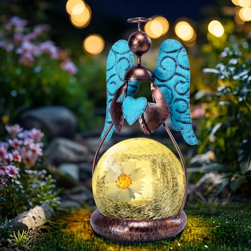 MUMTOP Luces solares de ángel para jardín al aire libre, faroles solares decorativos impermeables con vidrio agrietado globo de mesa, adornos para decoración de patio, regalo (corazón doble)