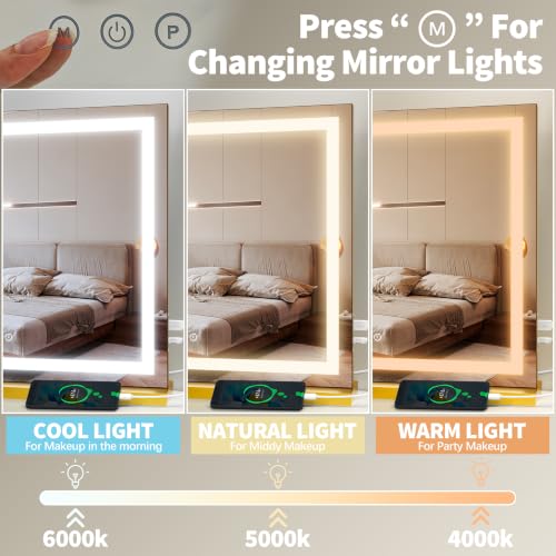 Image of FENNIO 23 inch x 18 inch Vanity Mirror with Lights,LED Makeup Mirror,Hollywood Mirror with 3 Color Modes & Adjustable Brightness,Vanity Mirror Square Gold