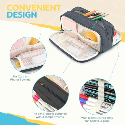 Image of Large Capacity Pencil Case Pencil Pouch Pen Bag with 3 Compartment Stationery Organizer with Zipper, School Supplies Organizer for Teen Adults (Nave blue)