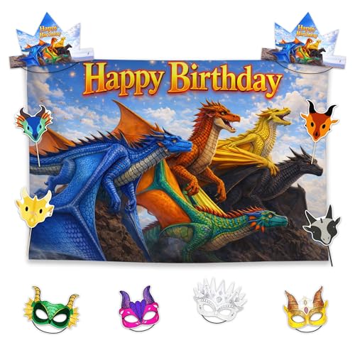 Allenjoy Dragon Wings Sky Fires Party Decorations Set - 11 Piece Kit with 59x35 Backdrop 6 Headbands 4 Photo Booth Props Decor Supplies Favors for Boys Men Son Fans Teens