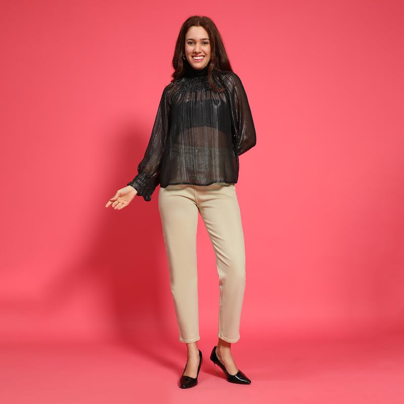 Image of oxolloxo Women Round High Neck Long Sleeve Semi Sheer Top