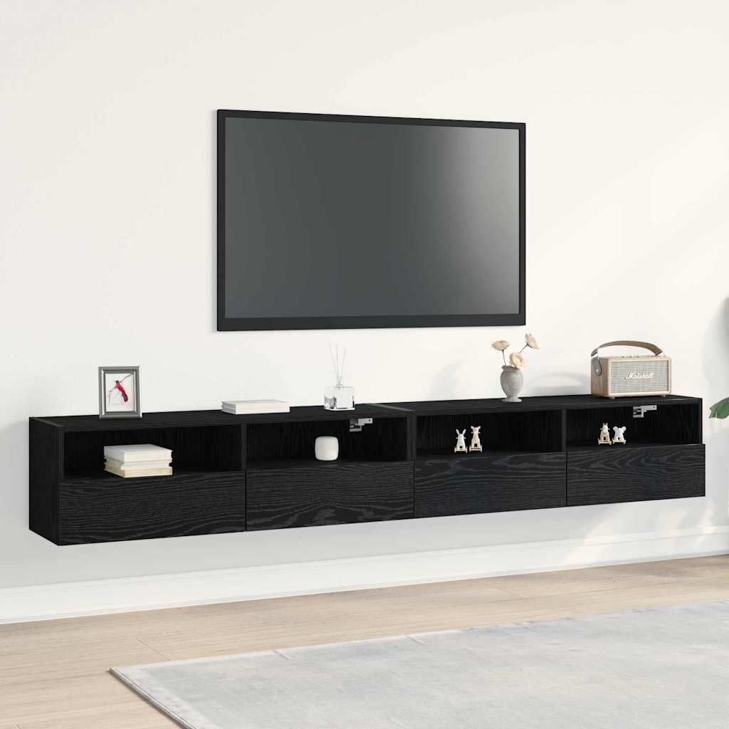 Porta TV da Parete Sospeso 2 Pz Rovere Nero Legno Ingegnerizzato | Credenza sospesa salvaspazio per il soggiorno con ante a cerniera e ripiani interni per decoder e accessori.