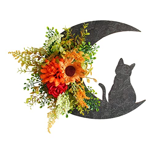 Couronnes pour la Porte d'entrée Halloween Lune Chat Déco Extérieure Murale