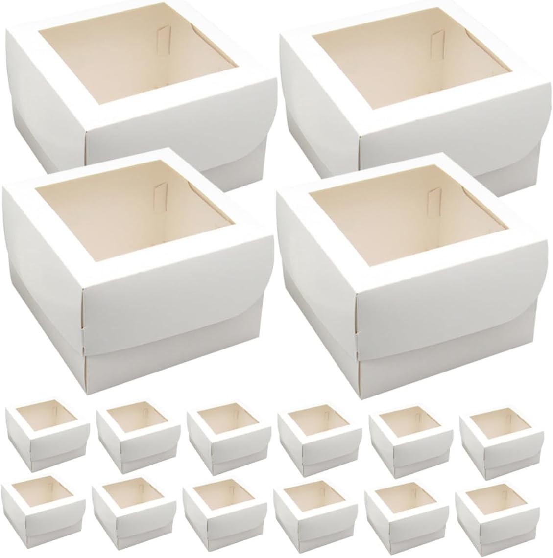 25pcs 4-inch Bakery Boxes with Window for Cupcake Individual Container, Food-grade 350gsm White Paperboard with Paper Tray, Square Cake Carrier for Desserts and Takeout Packaging