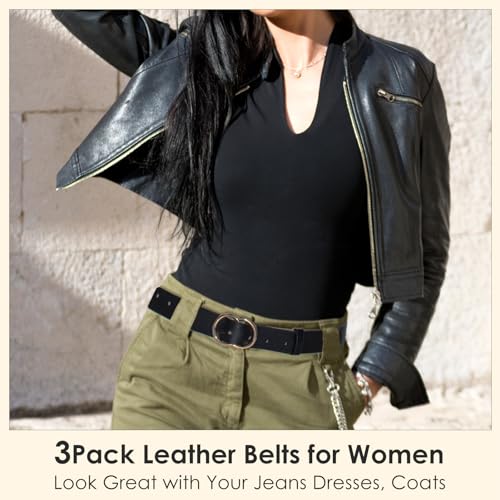 3 Pack Belts for Women, Leather Belts for Jeans Dresses Fashion Gold Buckle Ladies Belt, 3 Styles of Women's Belts (Black White Brown)2