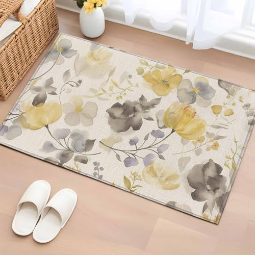 Tapete decorativo floral amarillo gris 2x3 lavable miniatura 2