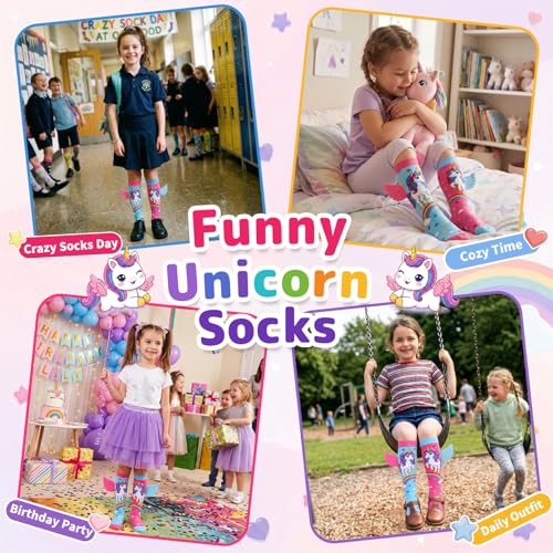 Dalycro Crazy Socks for Kids – Silly Unicorn Knee High Socks with 3D Wings, Funny Gift for Kids Girls Women Birthday Party (US, Alpha, One Size, Regular, Regular, Pink&Blue) — view 5