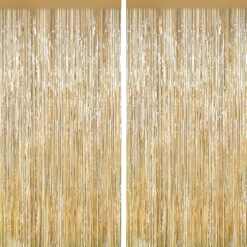 YEURFONTASY Champagne Gold Tinsel Backdrop Foil Fringe Curtains - 2 Packs Door Streamers Backdrop for Birthday Door Decorations Party Supplies for Bachelorette Graduation Christmas Disco Decor