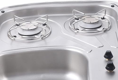 Miniatura 5 de Fregadero de gas para camping, estufa de gas de 2 quemadores, barco, caravana, cámper, estufa de gas GLP, estufa y fregadero con tapa de vidrio