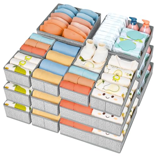 Image of DIMJ Drawer Organizer Clothes 15 Pack - Foldable Baby Organizers and Storage & Dresser Organizer for Bedroom, Closet - Nursery Organization Dresser Dividers for underwear Sock Bra Belt Tie, Gray