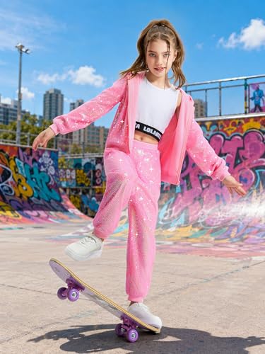 Image of LOLANTA 2Pcs Girls Dance Outfits Cropped Sequin Jacket Pants Set, Kids Hip Hop Dance Costumes for 80s 90s Party 5-15 Years