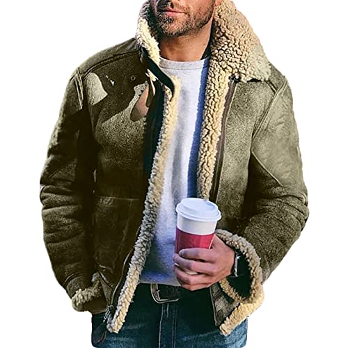 Aviator Leather Jacket Coat for Men, Faux Sheepskin Leather Jacket with Fur Collar, Thick Cuffed Velvet Leather Winter Jacket