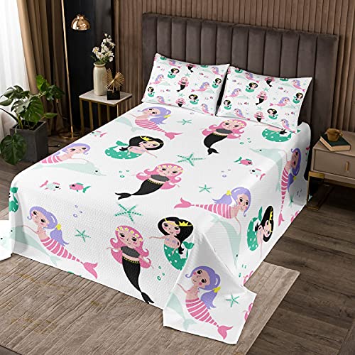 Big Sale Mermaid Coverlet,Lovely Girls with Fish Tail Cartoon Under Sea Animals Decorative 3 Piece Quilted Bedding Set with Pillow Sham King Size