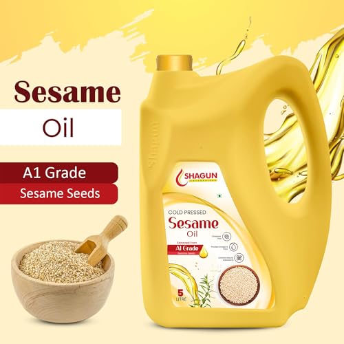 Image of Shagun Cold Pressed Sesame Oil 5 Litre (Gingelly Oil), 100% Pure and Natural Cooking Oil, Rich in Antioxidants and Omega 6, Extracted from A1 Grade Sesame Seeds, Goods for Heart Health