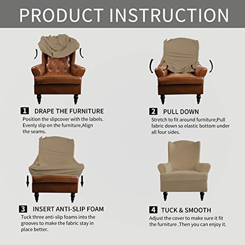 Image of Easy-Going Stretch Wingback Chair Sofa Slipcover Tan | 1-Piece Sofa Cover Furniture Protector Couch Soft with Elastic Bottom, Spandex Jacquard Fabric Small Checks