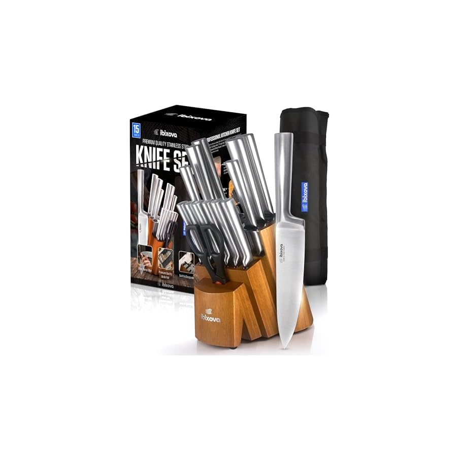IBIXOVA Professional Kitchen Knife Set, Premium Japanese Stainless Steel 15-PC knives & Built-in Sharpening Block - Easy Sharpener for Cutting Steak - Knife Chef's roll Bag.