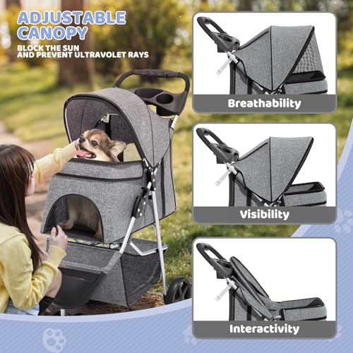 Image of Magshion 3-Wheel Pet Stroller, Foldable Travel Jogger for Small & Medium Dogs & Cats (Up to 33lbs), Lightweight Carrier with Breathable Mesh Cover, Cup Holder & Storage Basket, Gray