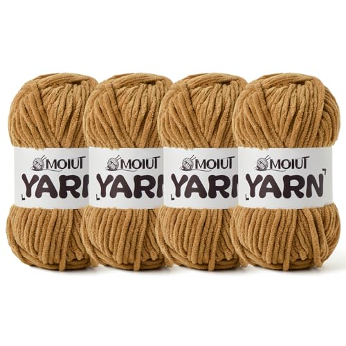 Image of 4 Packs Fluffy Chenille Yarn for Crocheting, Chunky Velvet Yarns for Crochet Amigurumi, Baby Yarn for Crocheting Soft Blanket, 349.9yds /14.1 oz Bulky Yarns for Crafts /Hats /Shoes /Socks (4 Brown)