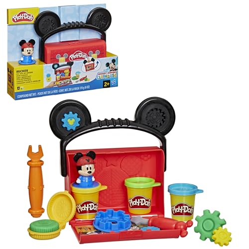 Play-Doh Disney Junior Mon Garage avec Mickey Mouse, Coffret de pâte à Modeler, Loisirs créatifs, Jouets préscolaires pour Enfants, dès 2 Ans