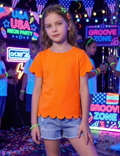 Image of Noomelfish Girls Short Sleeve Scalloped Edge T-Shirts Casual Cute Summer Tee Tops Blouse (5-12 Years)
