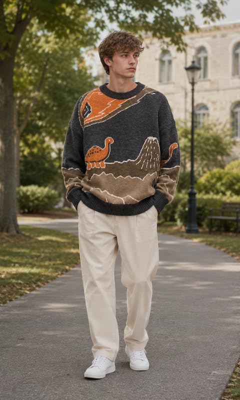 Image of Vamtac Mens Oversized Sweater Vintage Graphic Pullover Crewneck Knit Jumper Y2K Unisex Streetwear 2026 Fall Tops