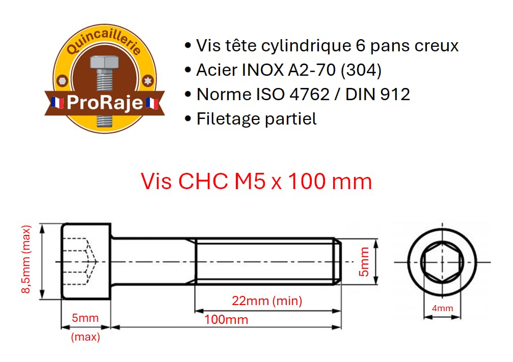 Screws INOX M5 x 100 mm Cylinder Head BTR Diameter 5 x 100 mm, A2 stainless steel, M5 x 100mm - Image 3