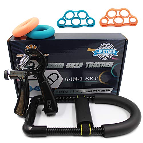 SUNERIA Hand Grip Strengthener (6 Pack) Forearm Grip Adjustable Resistance Hand Gripper