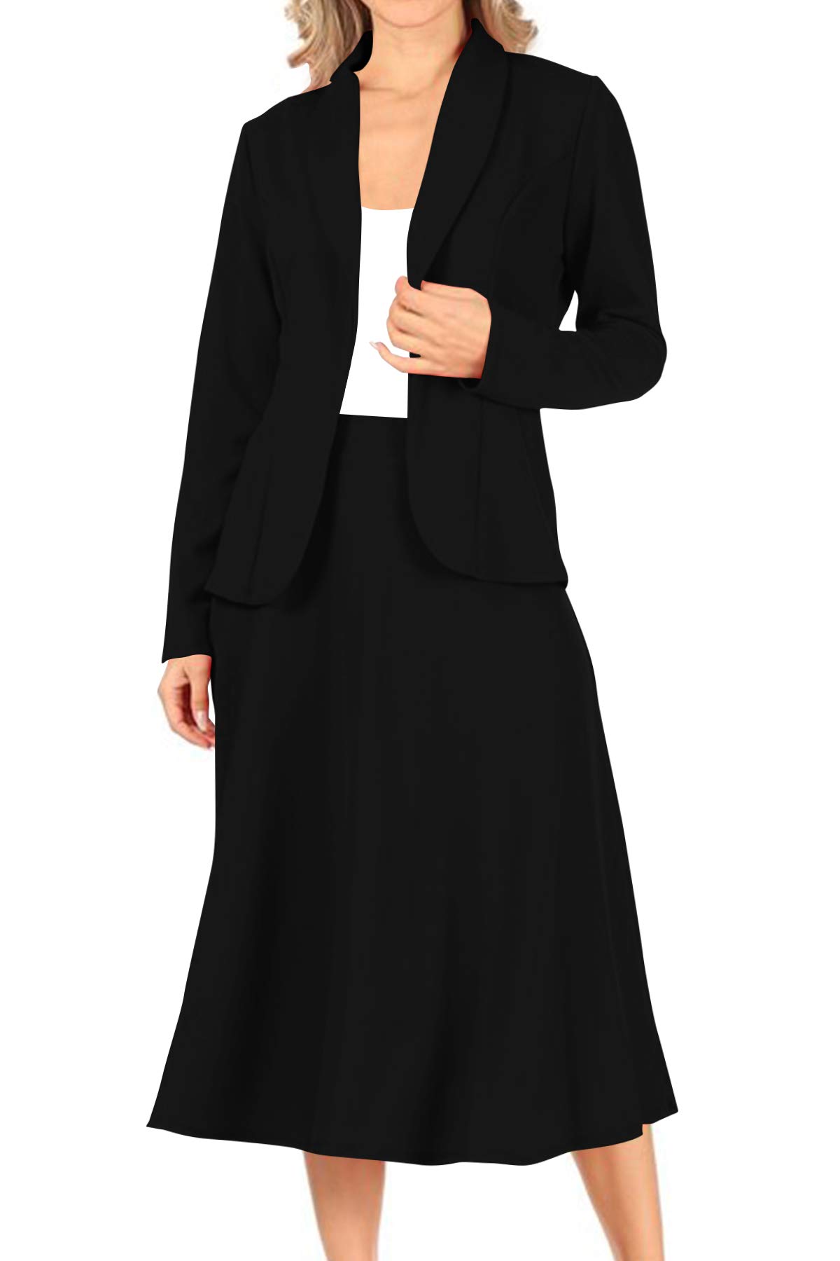 Women's Two Piece Lightweight Solid Long Sleeve Casual Blazer Relaxed A-Line Midi Skirt