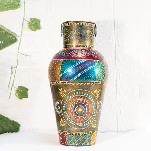 Image of Nostrae by Ekhasa Handpainted Metallic Tall Flower Vase for Home Decor (Large) | Long Flower Vase Gift for Weddings, Housewarmings | Decorative Metal Vase for Living Room, Office & Bed Corner