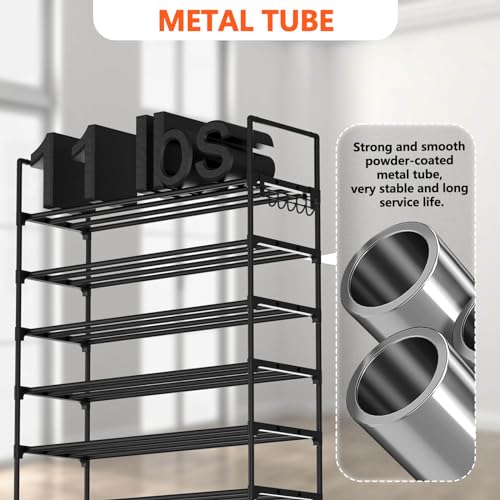 Image of Hsscblet 8 Tiers Metal Shoe Rack,Adjustable Shoe Shelf Storage Organizer with Hooks,Stackable Boot & Shoe Storage,for Entryway,Hallway,Closet,Black
