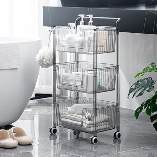 キッチンワゴン 浴室収納ラック 【キャスター付き・ハンドル付き・2/3/4段】キッチン収納カート プラスチック製 頑丈 コンパクト 小物収納 移動式 隙間収納 コーナーラック ベビーワゴン すきま収納 台所 部屋 居間 棚 シェルフラック (3段)
